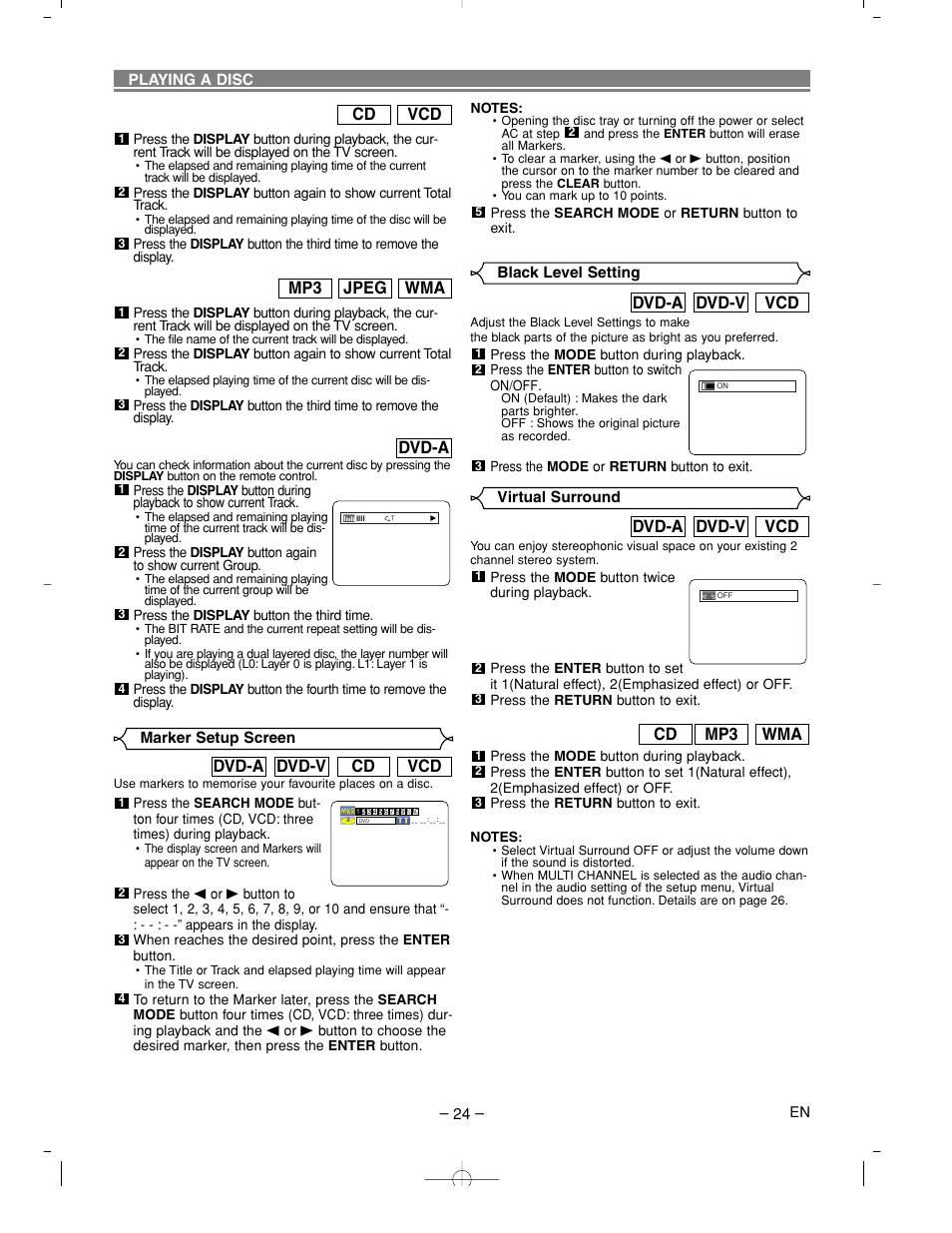 Vcd cd dvd-v dvd-a, Vcd dvd-v dvd-a, Wma mp3 cd | Dvd-a, Wma jpeg mp3, Vcd cd | Denon DVM-2815 User Manual | Page 24 / 92