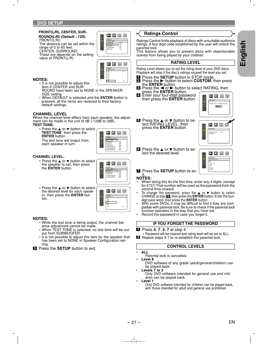 English, Ratings control, Dvd setup | Rating level, Channel level, Press the setup button to exit | Denon DVM-2815 User Manual | Page 27 / 92