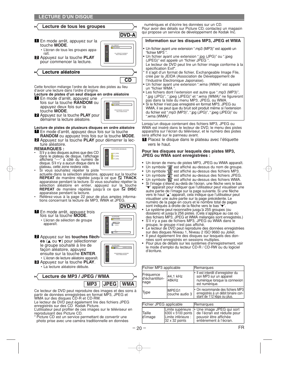 Dvd-a, Wma jpeg mp3, Lecture aléatoire | Lecture d’un disque, Lecture de tous les groupes, Lecture de mp3 / jpeg / wma | Denon DVM-2815 User Manual | Page 50 / 92