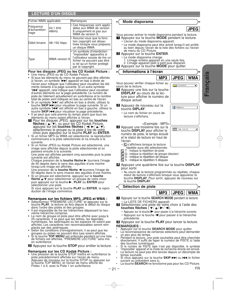 Fran ç ais, Wma jpeg mp3, Jpeg | Denon DVM-2815 User Manual | Page 51 / 92