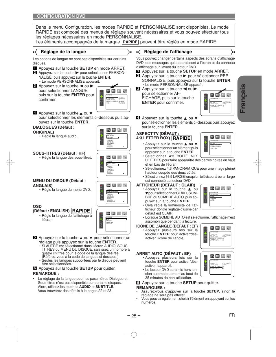Fran ç ais, Rapide, Afficheur (défaut : clair) | Icône de l’angle (défaut : ef), Arret auto (défaut : ef), Sous-titres (défaut : hf), Menu du disque (défaut : anglais), Osd (défaut : english), Appuyez sur la touche setup pour quitter. remarque | Denon DVM-2815 User Manual | Page 55 / 92