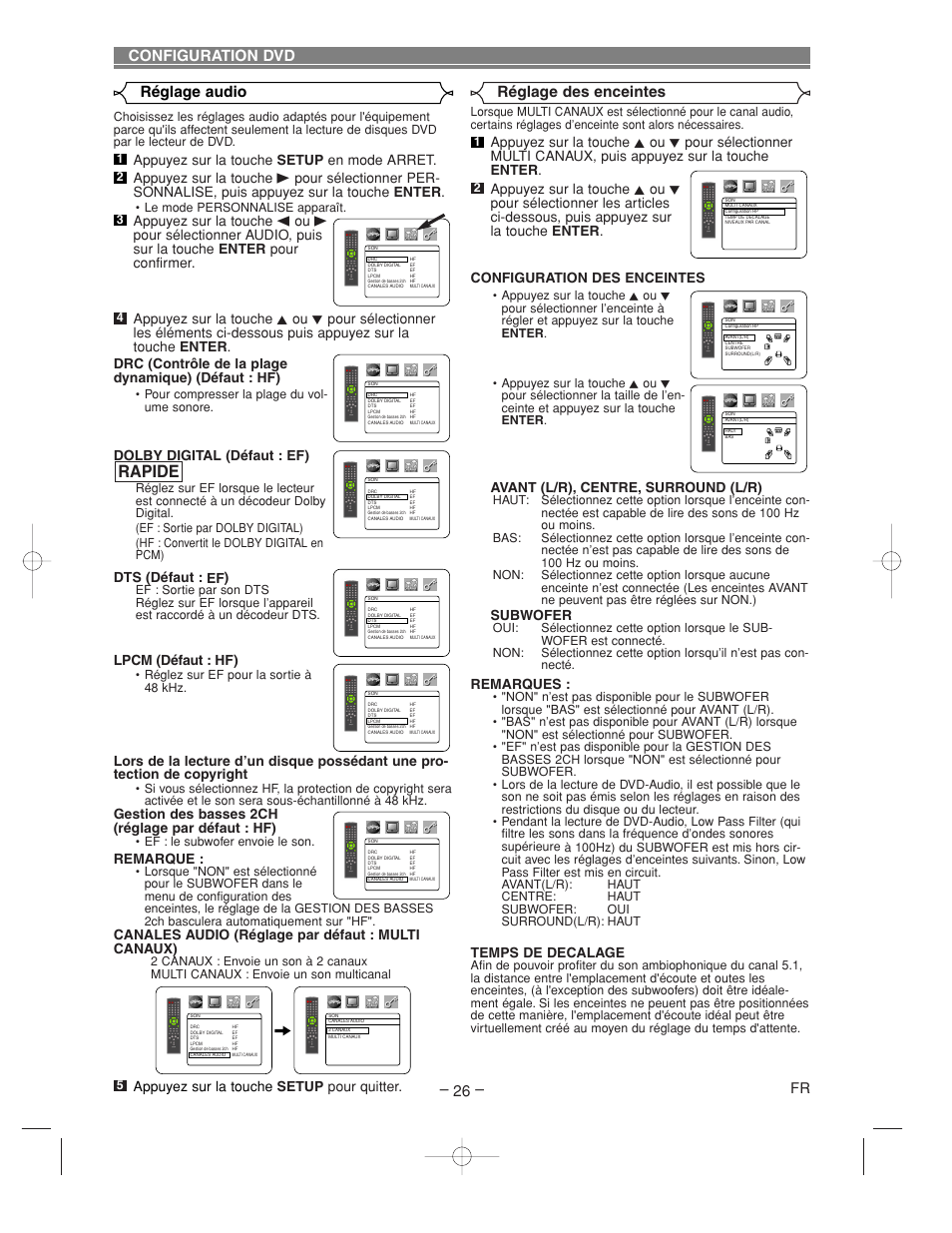 Rapide, Configuration dvd réglage audio, Réglage des enceintes | Dolby digital (défaut : ef), Dts (défaut : ef), Lpcm (défaut : hf), Gestion des basses 2ch (réglage par défaut : hf), Remarque, Canales audio (réglage par défaut : multi canaux), Avant (l/r), centre, surround (l/r) | Denon DVM-2815 User Manual | Page 56 / 92