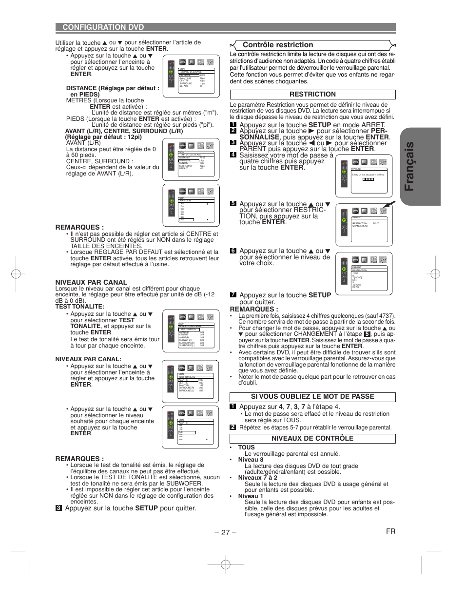 Fran ç ais, Contrôle restriction, Configuration dvd | Restriction, Remarques, Niveaux par canal, Appuyez sur la touche setup pour quitter | Denon DVM-2815 User Manual | Page 57 / 92