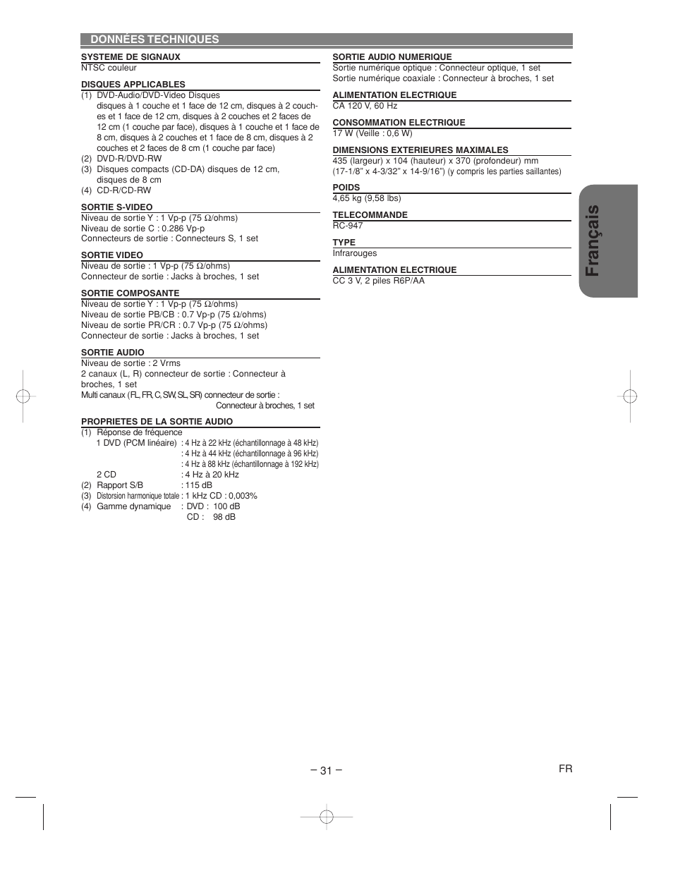 Fran ç ais | Denon DVM-2815 User Manual | Page 61 / 92