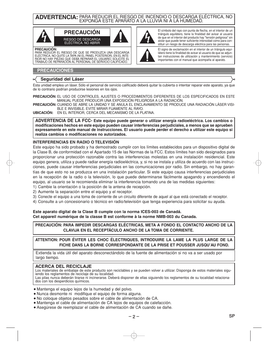 Advertencia, Precaución | Denon DVM-2815 User Manual | Page 62 / 92