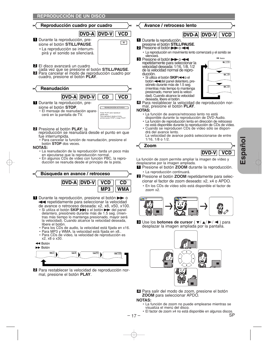 Espa ñ ol, Vcd dvd-v dvd-a, Vcd dvd-v | Wma mp3 cd vcd dvd-v dvd-a, Vcd cd dvd-v dvd-a | Denon DVM-2815 User Manual | Page 77 / 92