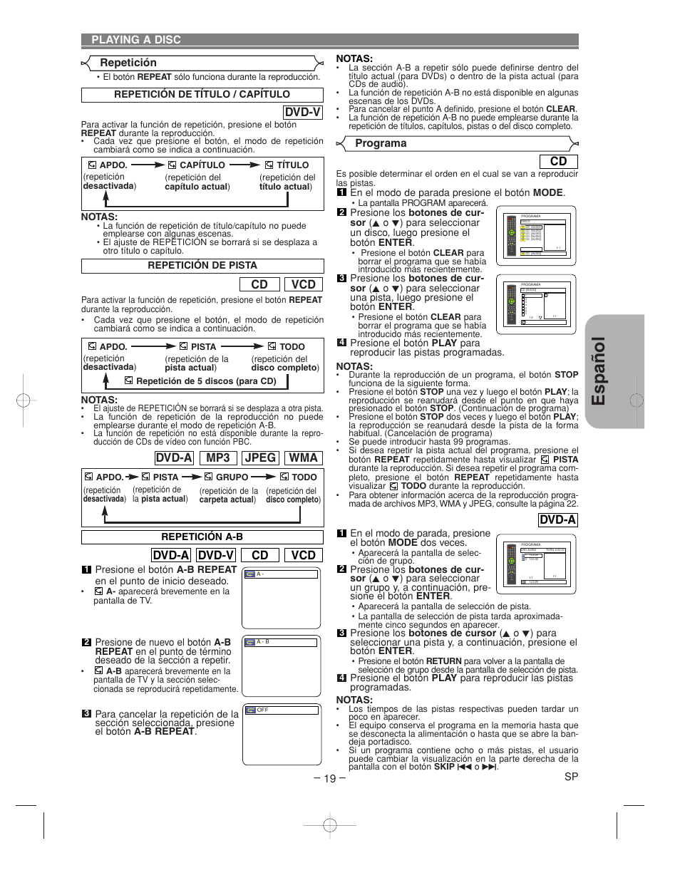 Espa ñ ol, Vcd cd dvd-v dvd-a, Vcd cd | Wma jpeg mp3 dvd-a, Dvd-a, Dvd-v | Denon DVM-2815 User Manual | Page 79 / 92