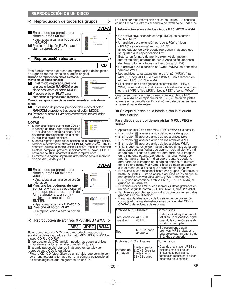 Dvd-a, Wma jpeg mp3, Reproducción aleatoria | Reproducción de un disco, Reproducción de todos los grupos, Reproducción de archivos mp3 / jpeg / wma | Denon DVM-2815 User Manual | Page 80 / 92