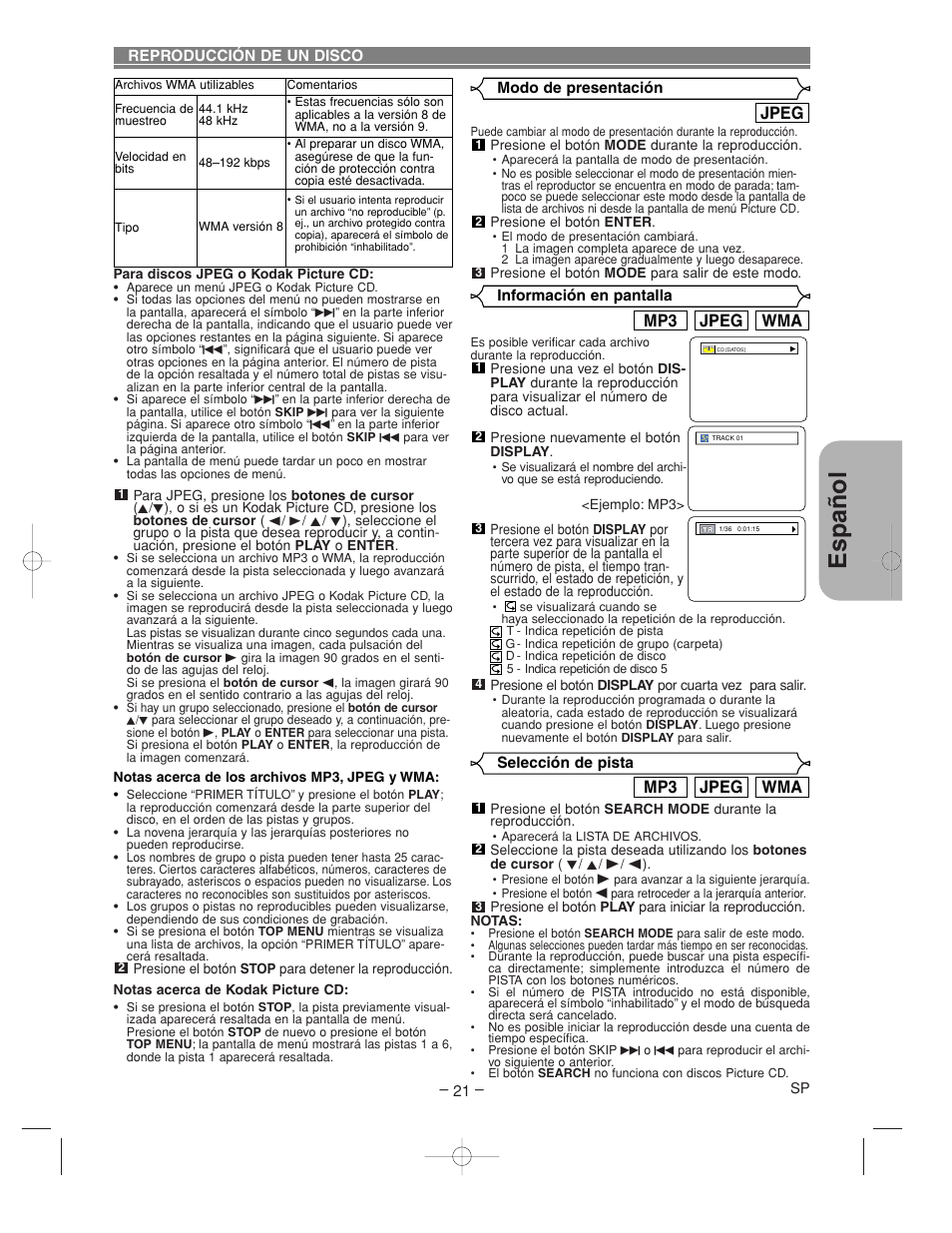 Espa ñ ol, Wma jpeg mp3, Jpeg | Denon DVM-2815 User Manual | Page 81 / 92