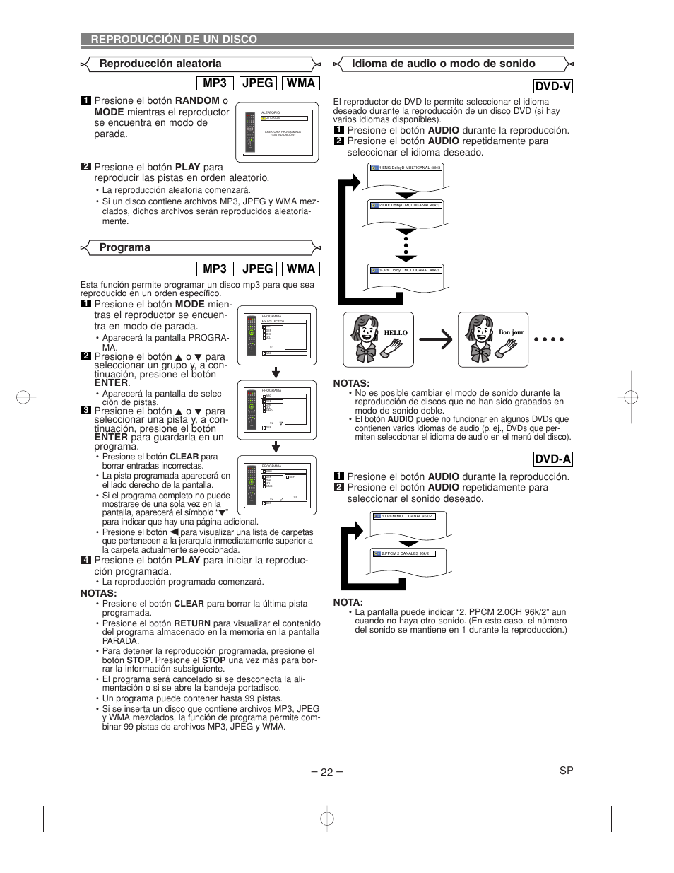 Wma jpeg mp3, Dvd-a, Dvd-v | Idioma de audio o modo de sonido, Reproducción de un disco, Reproducción aleatoria programa | Denon DVM-2815 User Manual | Page 82 / 92