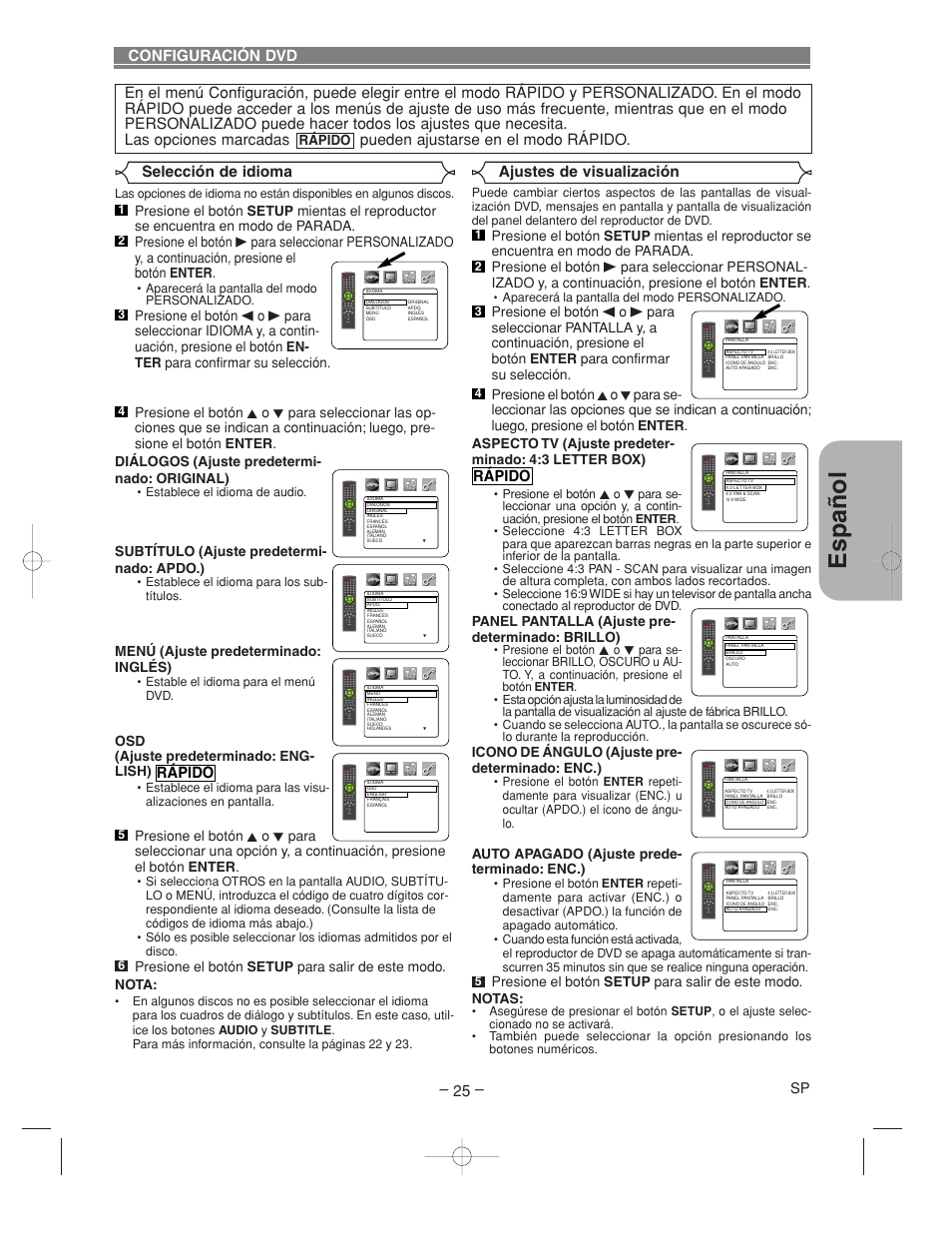 Espa ñ ol, Rápido, Configuración dvd | Denon DVM-2815 User Manual | Page 85 / 92
