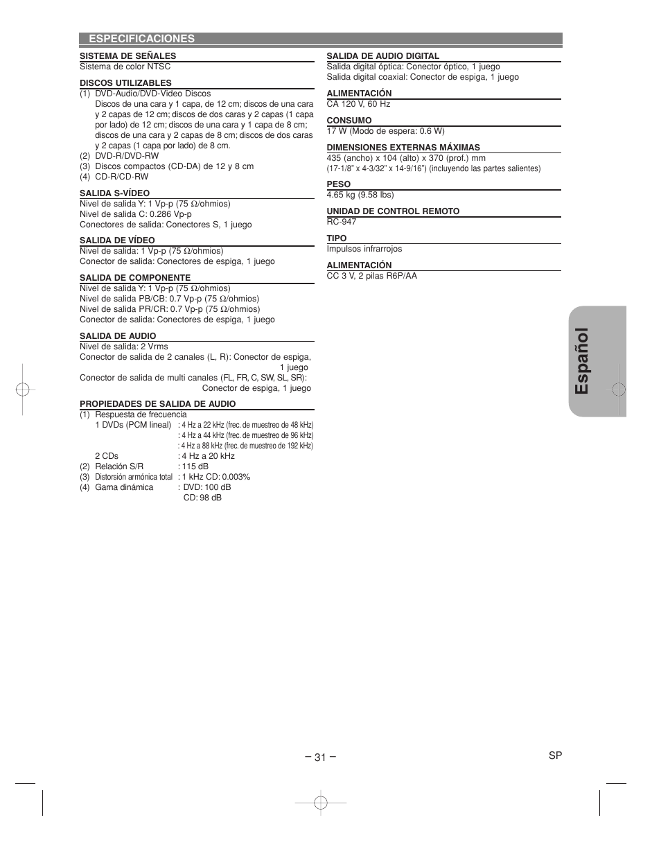 Espa ñ ol | Denon DVM-2815 User Manual | Page 91 / 92