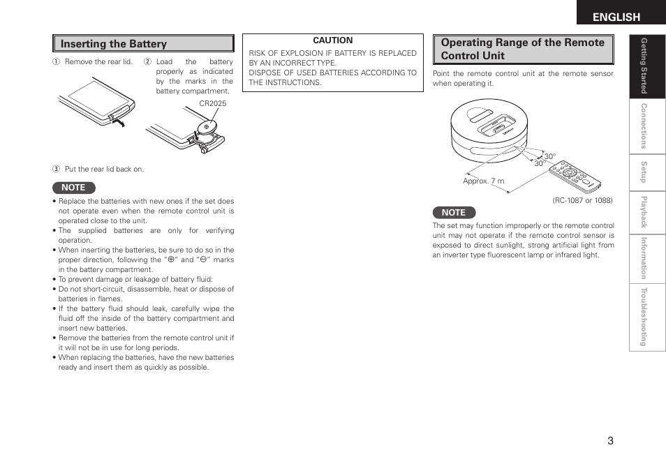 English, Operating range of the remote control unit, Inserting the battery | Denon ASD-3N User Manual | Page 11 / 35