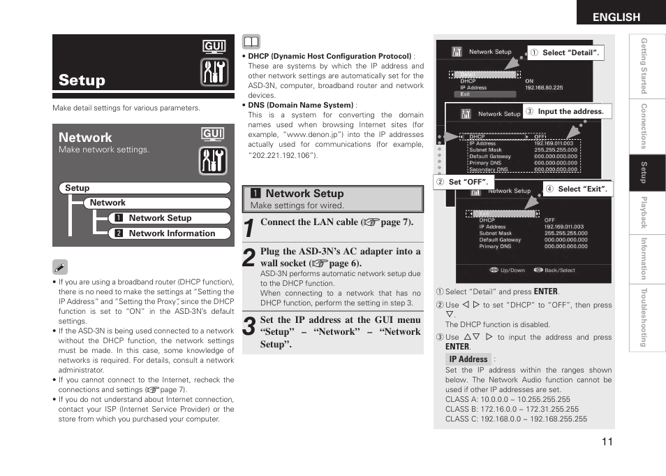 Setup, Network | Denon ASD-3N User Manual | Page 19 / 35