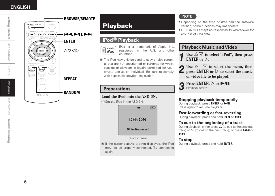 Playback, Ipod® playback | Denon ASD-3N User Manual | Page 24 / 35