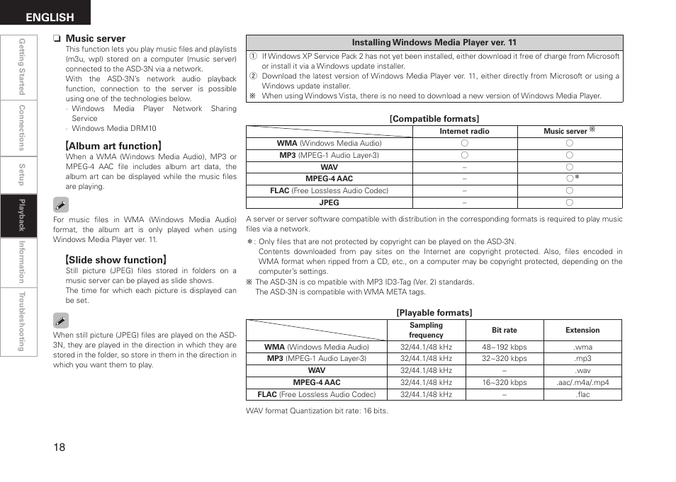 English, Gslide show function h, Nmusic server | Galbum art function h | Denon ASD-3N User Manual | Page 26 / 35