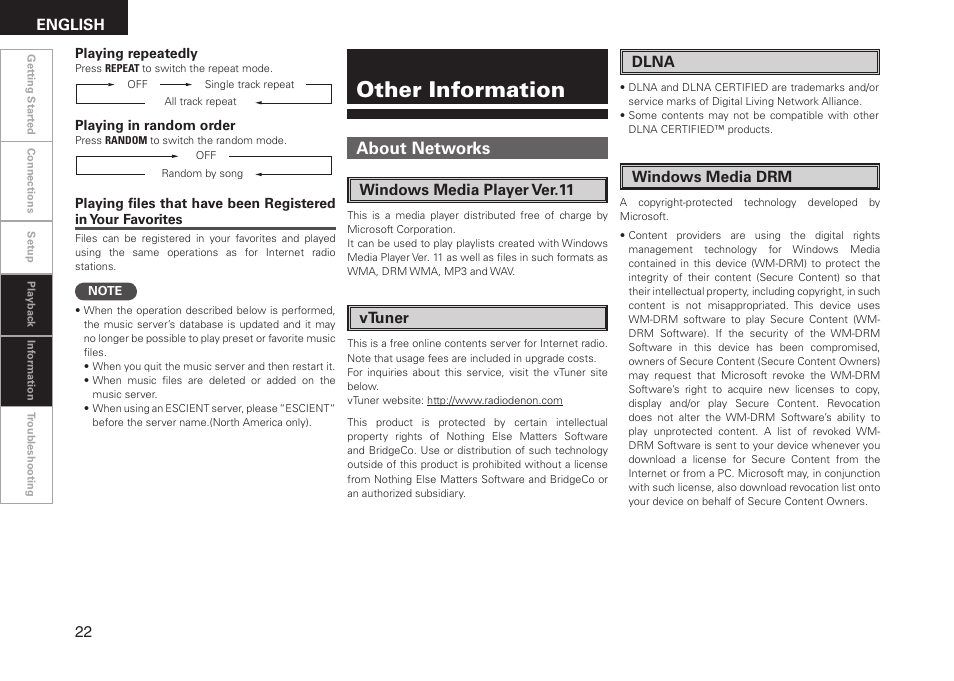 Other information, About networks, English | Windows media player ver.11, Vtuner dlna windows media drm | Denon ASD-3N User Manual | Page 30 / 35