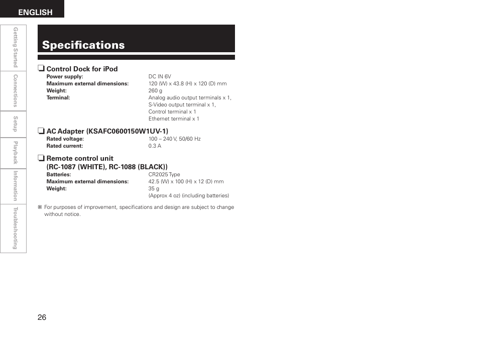 Specifications, English | Denon ASD-3N User Manual | Page 34 / 35