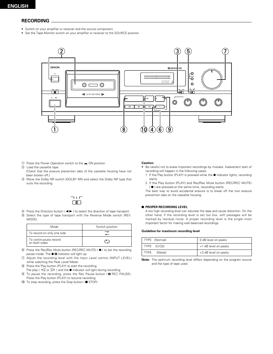 Recording, English, Q press the power operation switch to the | R press the direction button | Denon DRM-555 User Manual | Page 10 / 22