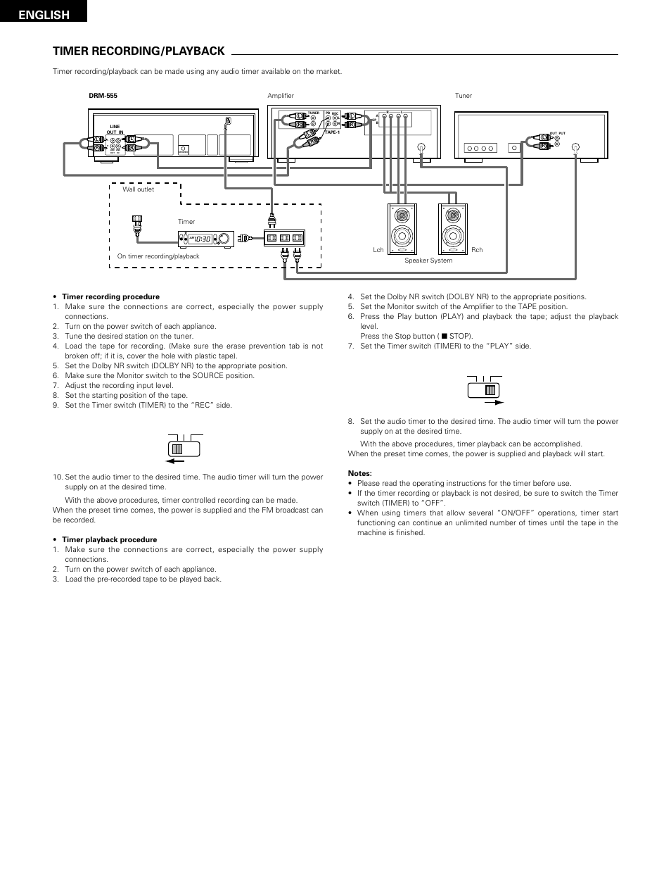 Timer recording, English, Timer recording/playback | Denon DRM-555 User Manual | Page 14 / 22