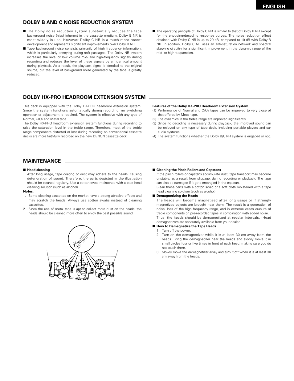 English, Dolby b and c noise reduction system, Dolby hx-pro headroom extension system | Maintenance | Denon DRM-555 User Manual | Page 15 / 22