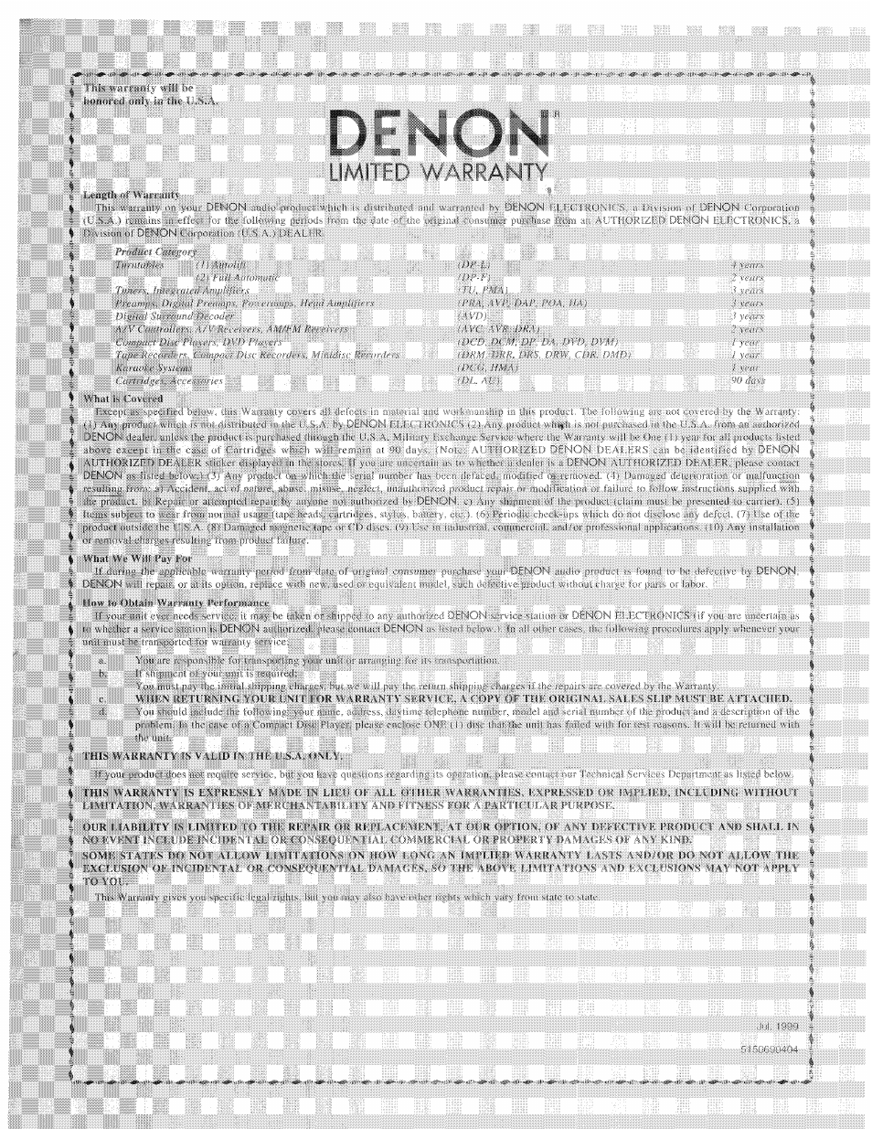 Warranty | Denon DRM-555 User Manual | Page 19 / 22