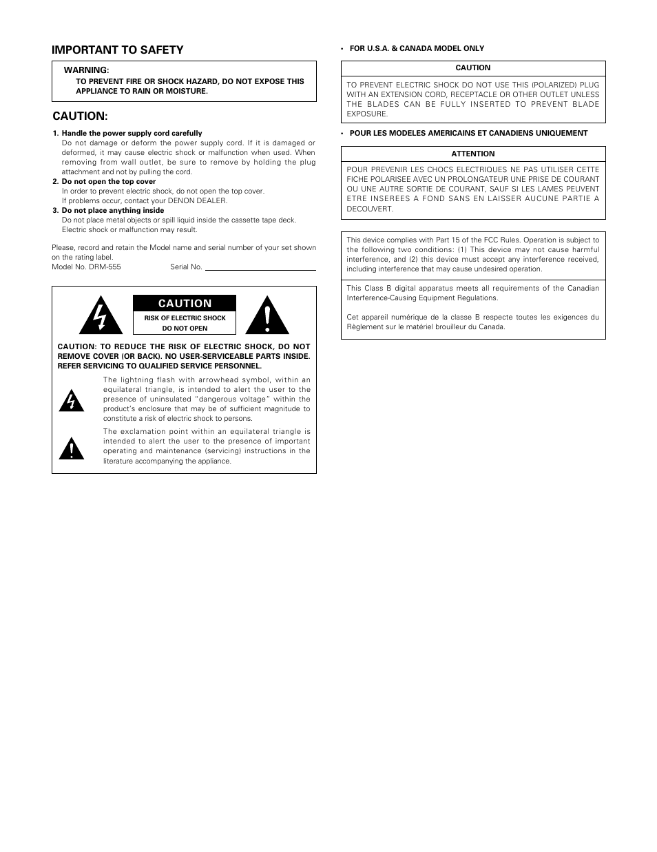 Important to safety, Caution | Denon DRM-555 User Manual | Page 2 / 22