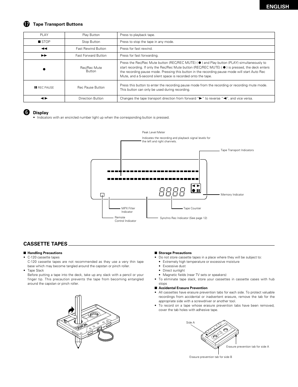 Display, English, Cassette tapes | Tape transport buttons | Denon DRM-555 User Manual | Page 7 / 22