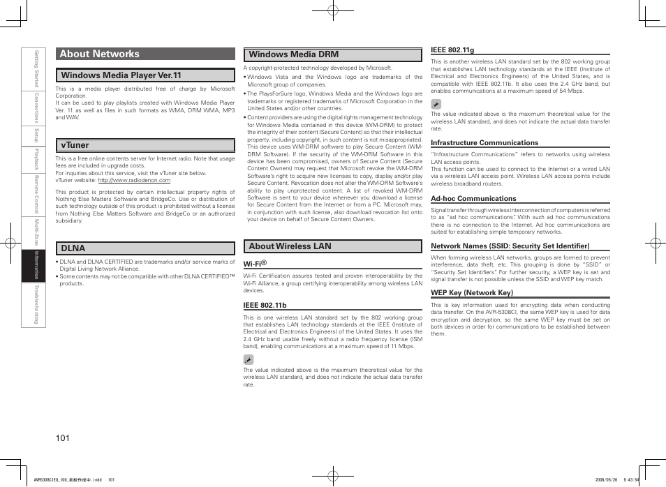 About networks, Windows media player ver.11 vtuner, Windows media drm | About wireless lan, Dlna | Denon AV SURROUND RECEIVER AVR-5308CI User Manual | Page 104 / 132