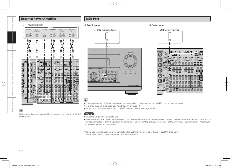 External power amplifier, Usb port, Nfront panel n rear panel | Denon AV SURROUND RECEIVER AVR-5308CI User Manual | Page 22 / 132