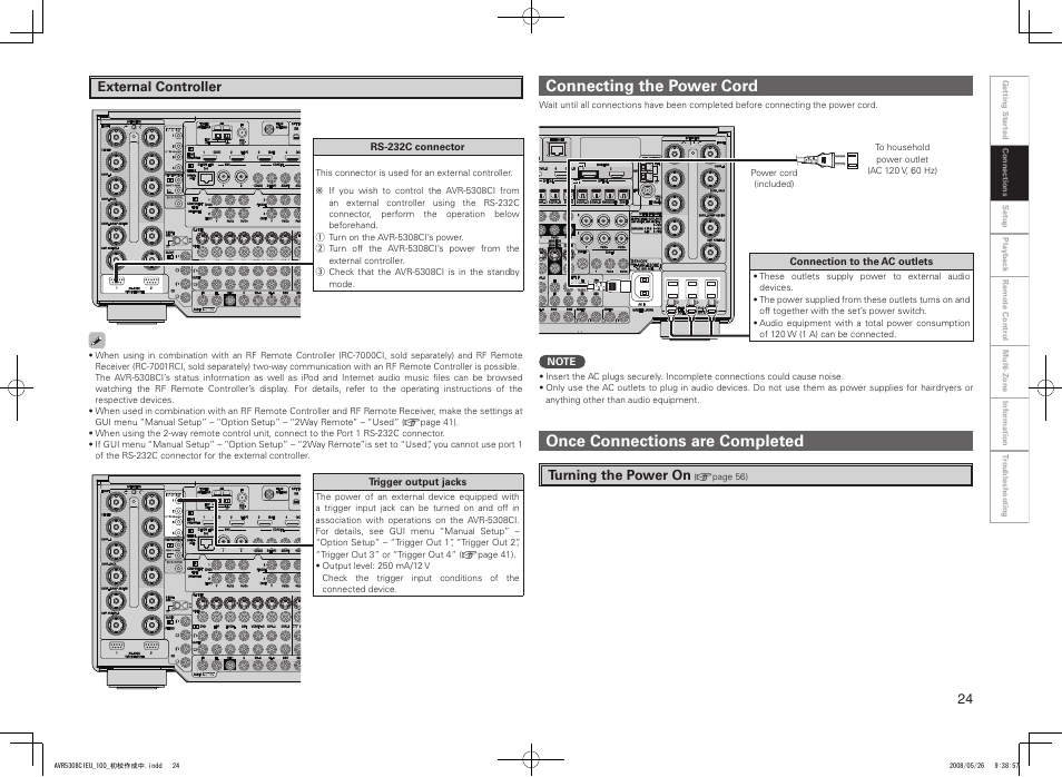 Connecting the power cord, Once connections are completed, External controller | Turning the power on | Denon AV SURROUND RECEIVER AVR-5308CI User Manual | Page 27 / 132