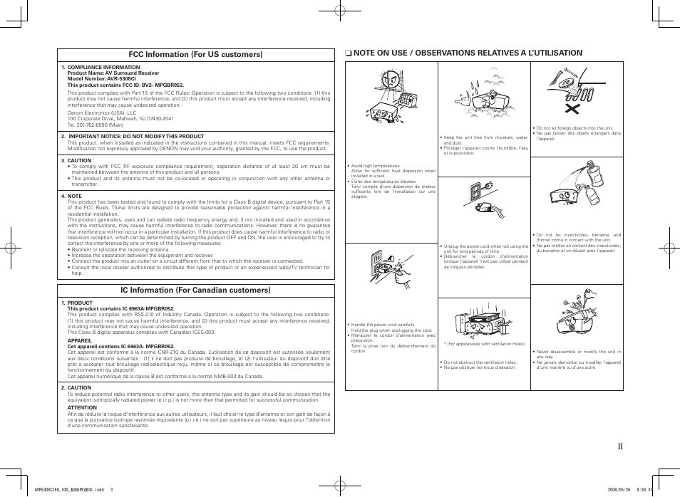 Denon AV SURROUND RECEIVER AVR-5308CI User Manual | Page 3 / 132