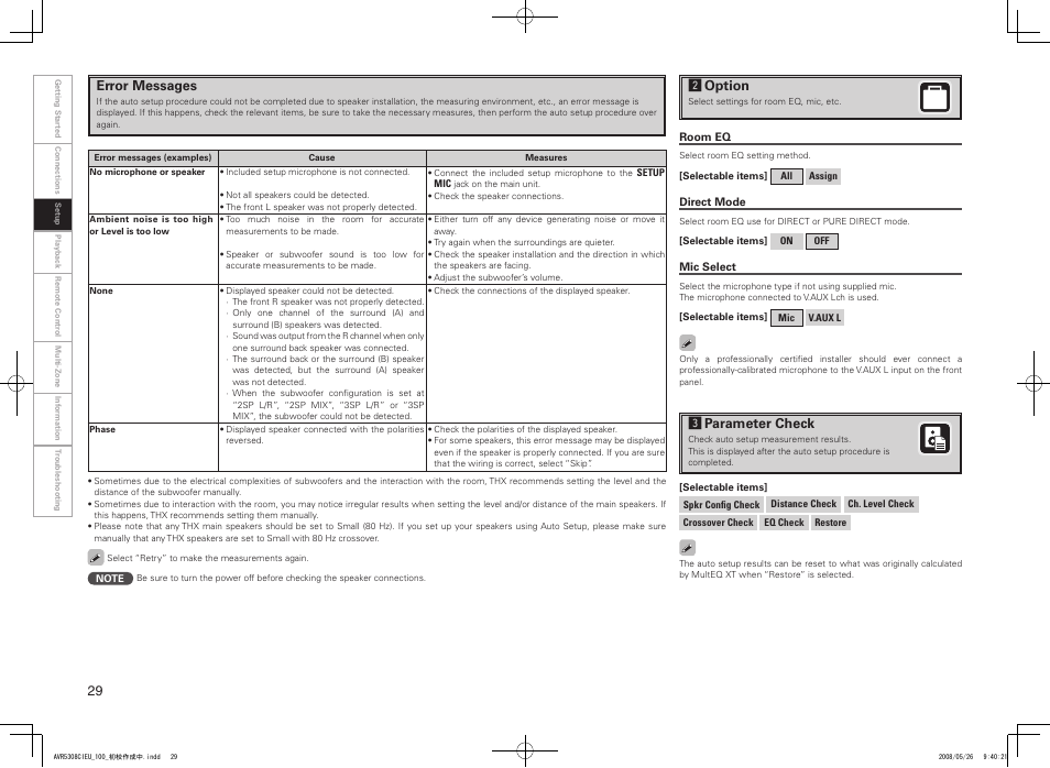 Error messages, Soption, Dparameter check | Denon AV SURROUND RECEIVER AVR-5308CI User Manual | Page 32 / 132