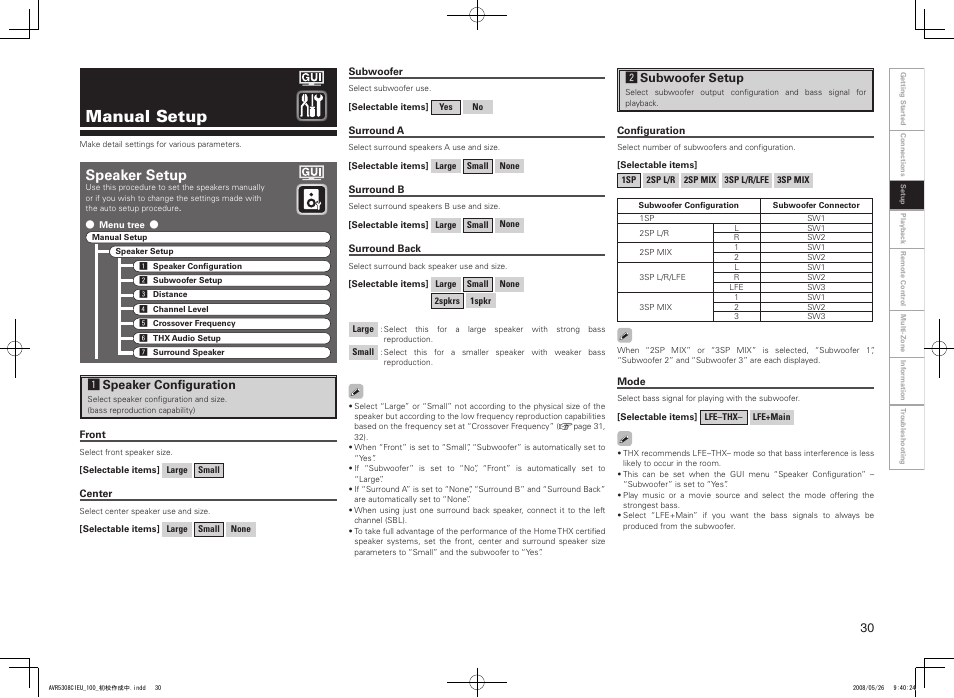 Manual setup, Speaker setup, Aspeaker confi guration | Ssubwoofer setup | Denon AV SURROUND RECEIVER AVR-5308CI User Manual | Page 33 / 132