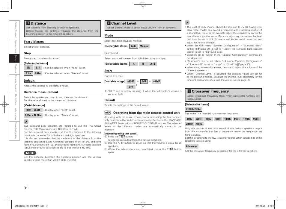 Fchannel level, Ddistance, Gcrossover frequency | Denon AV SURROUND RECEIVER AVR-5308CI User Manual | Page 34 / 132