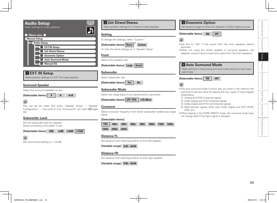 Audio setup | Denon AV SURROUND RECEIVER AVR-5308CI User Manual | Page 37 / 132