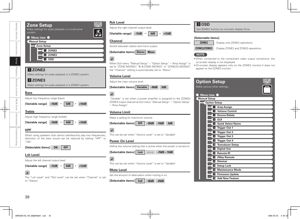 Zone setup, Option setup, Azone2 | Szone3, Dosd | Denon AV SURROUND RECEIVER AVR-5308CI User Manual | Page 42 / 132