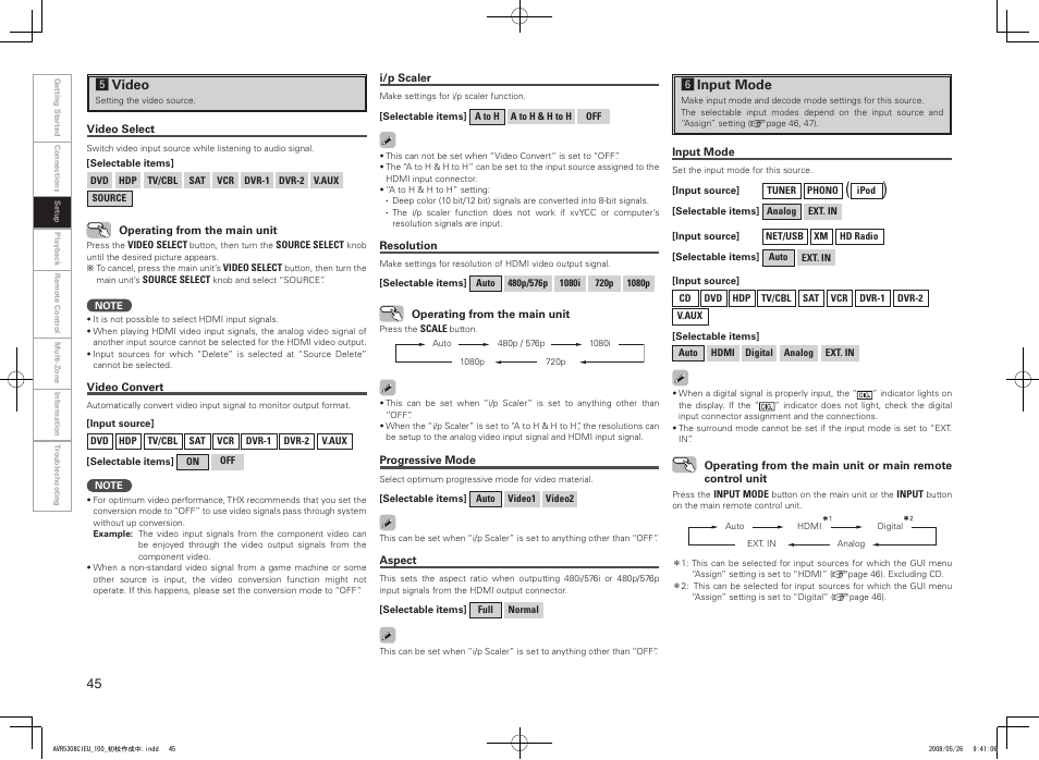 Gvideo, Hinput mode | Denon AV SURROUND RECEIVER AVR-5308CI User Manual | Page 48 / 132