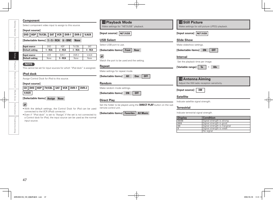 A1 playback mode, A2 still picture, A3 antenna aiming | Denon AV SURROUND RECEIVER AVR-5308CI User Manual | Page 50 / 132