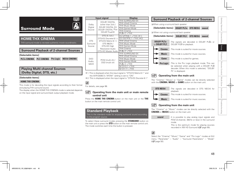 Surround mode, Home thx cinema, Standard playback | Surround playback of 2-channel sources | Denon AV SURROUND RECEIVER AVR-5308CI User Manual | Page 51 / 132