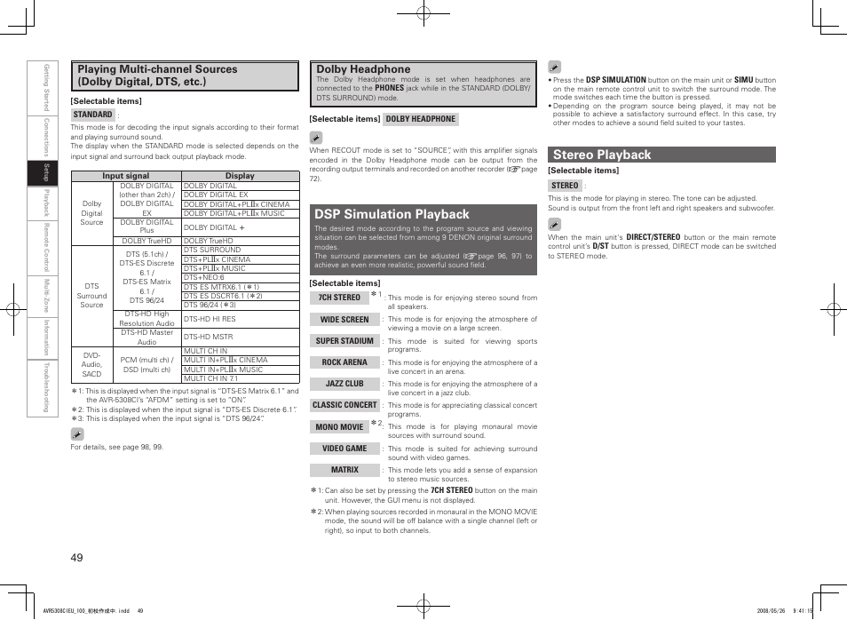 Dsp simulation playback, Stereo playback, Dolby headphone | Denon AV SURROUND RECEIVER AVR-5308CI User Manual | Page 52 / 132