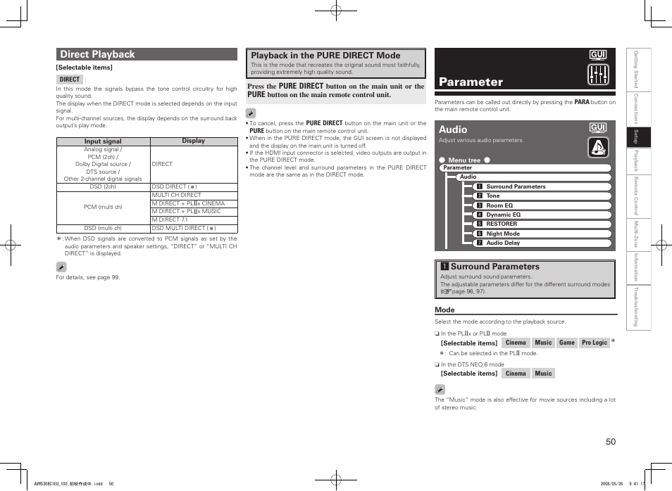 Parameter, Direct playback, Audio | Denon AV SURROUND RECEIVER AVR-5308CI User Manual | Page 53 / 132