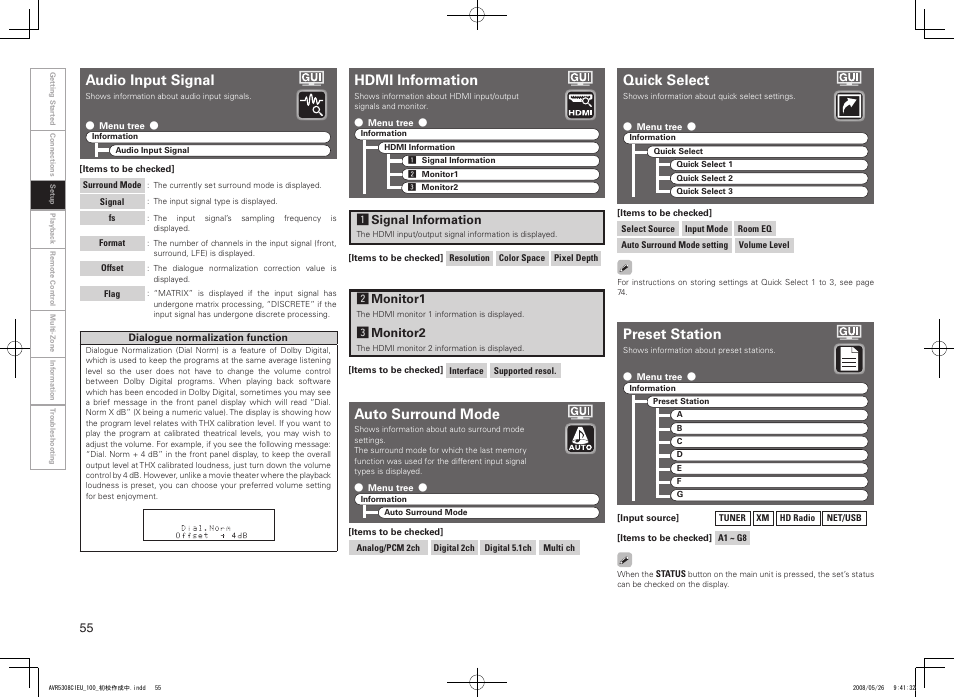 Auto surround mode, Audio input signal, Hdmi information | Preset station, Quick select | Denon AV SURROUND RECEIVER AVR-5308CI User Manual | Page 58 / 132
