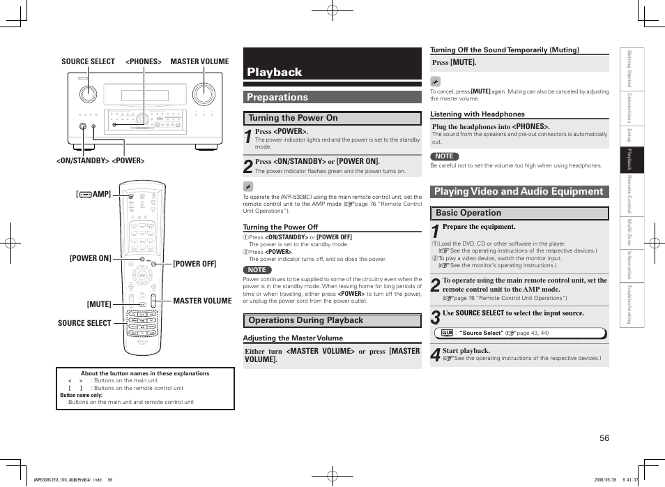 Playback, Playing video and audio equipment, Preparations | Denon AV SURROUND RECEIVER AVR-5308CI User Manual | Page 59 / 132