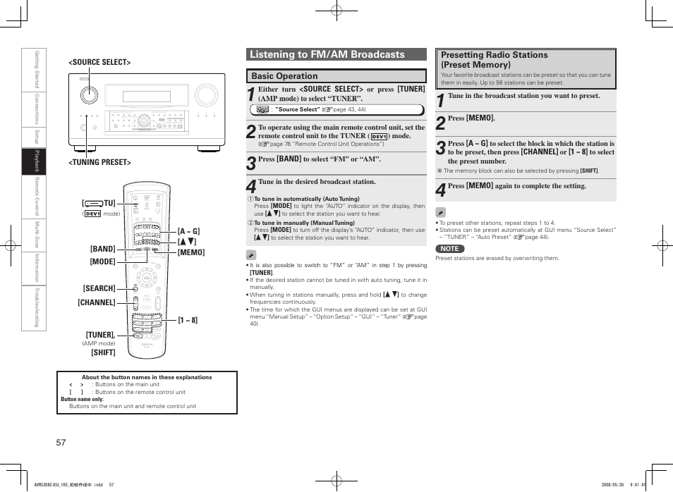 Listening to fm/am broadcasts | Denon AV SURROUND RECEIVER AVR-5308CI User Manual | Page 60 / 132