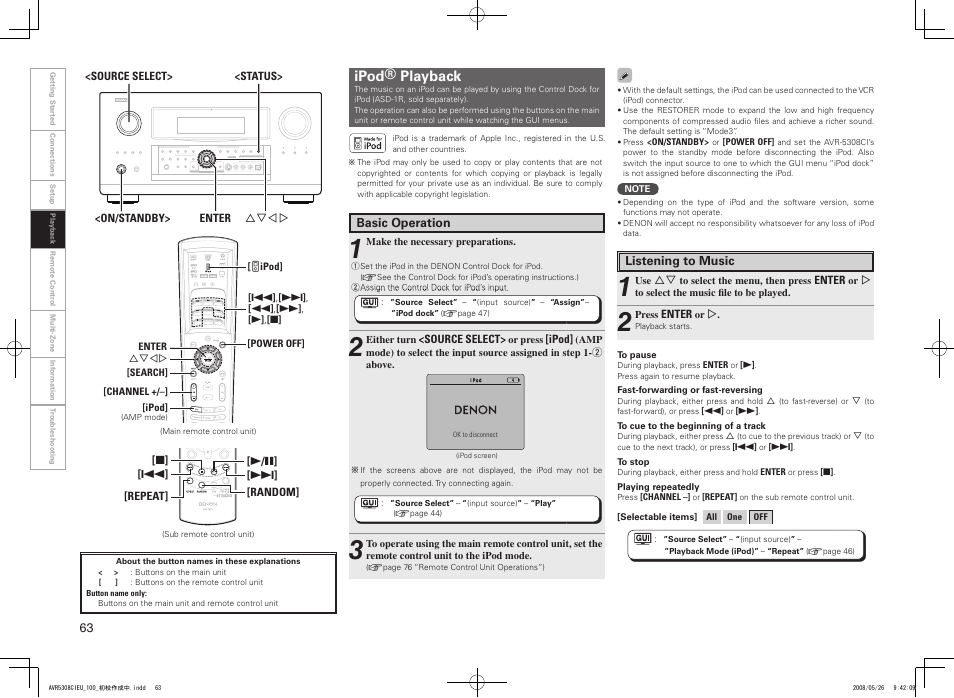 Ipod® playback | Denon AV SURROUND RECEIVER AVR-5308CI User Manual | Page 66 / 132