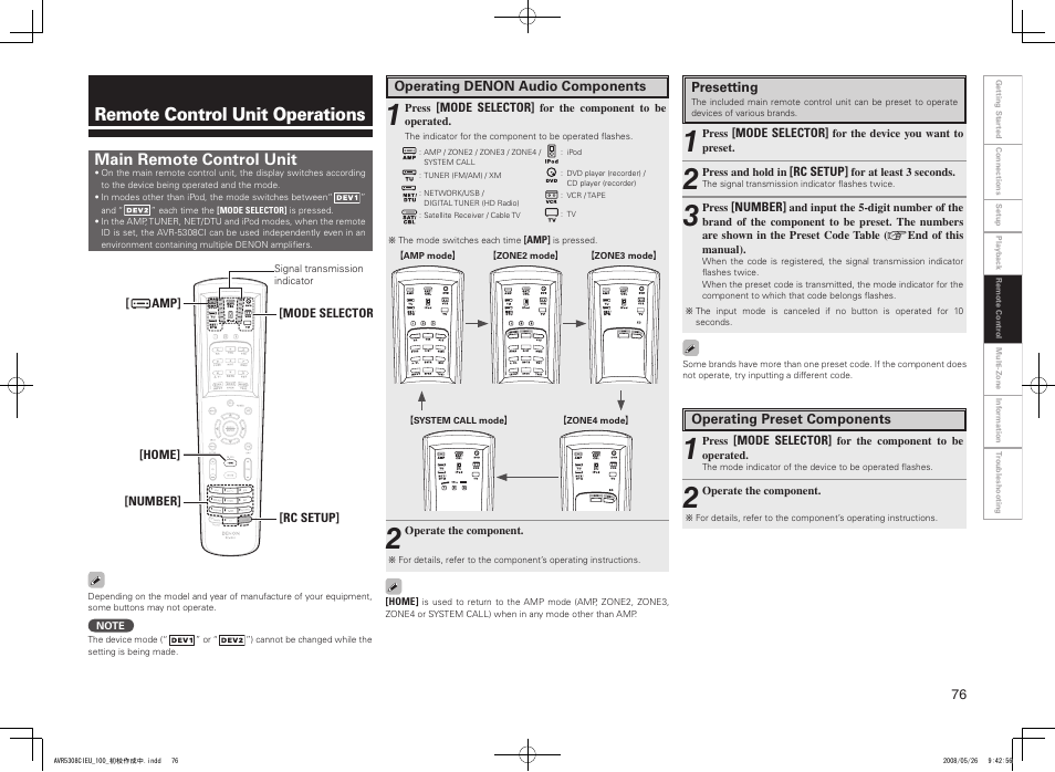 Remote control unit operations, Main remote control unit | Denon AV SURROUND RECEIVER AVR-5308CI User Manual | Page 79 / 132