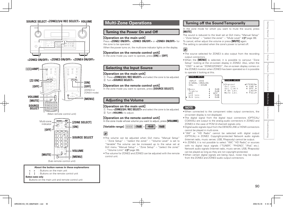 Multi-zone operations, Turning the power on and off, Selecting the input source | Adjusting the volume, Turning off the sound temporarily | Denon AV SURROUND RECEIVER AVR-5308CI User Manual | Page 93 / 132