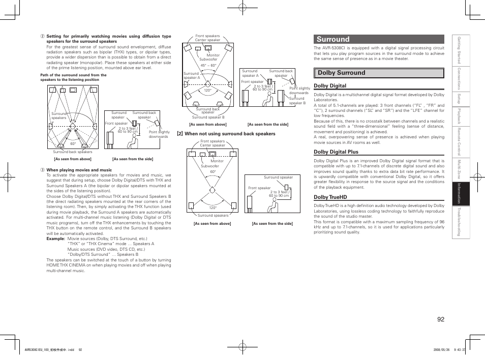 Surround, Dolby surround | Denon AV SURROUND RECEIVER AVR-5308CI User Manual | Page 95 / 132