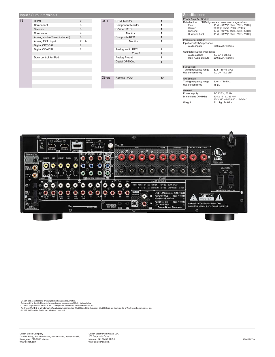 Input / output terminals specifications | Denon AVR-1908 User Manual | Page 2 / 2